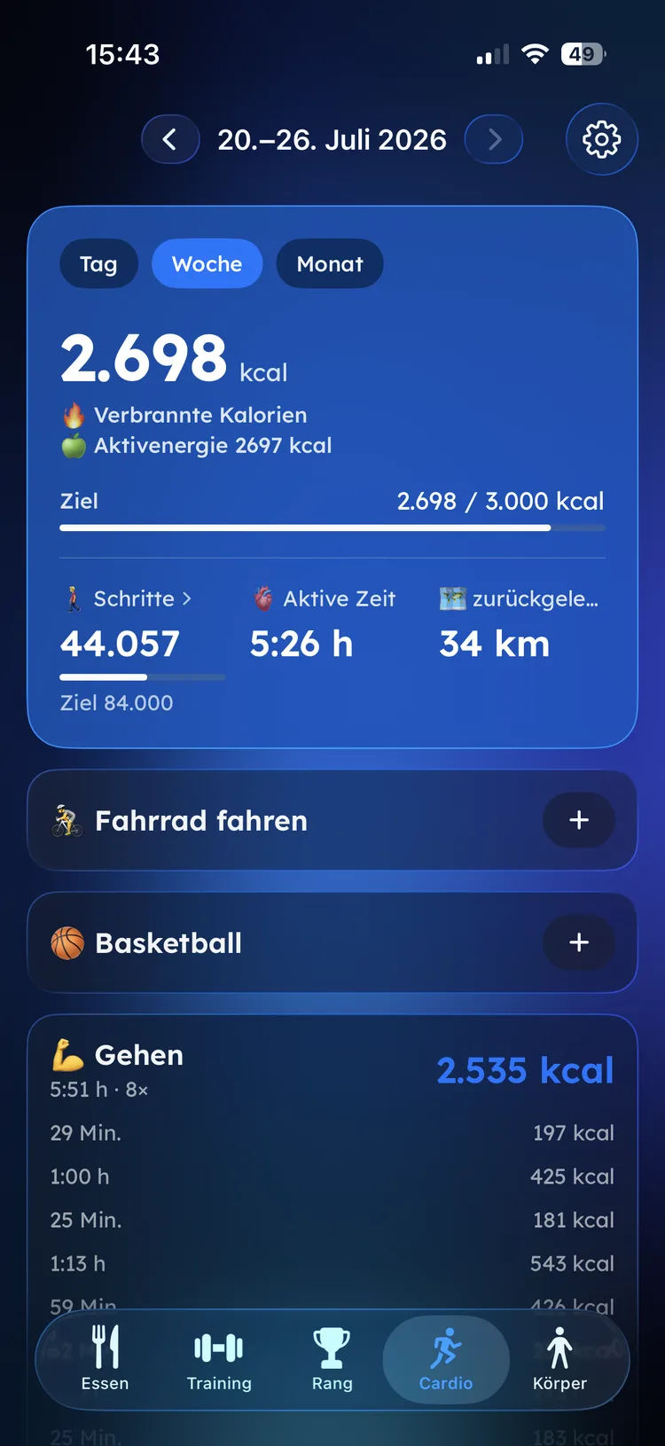 Cardio- und Schritte-Wochenübersicht in Fitaino