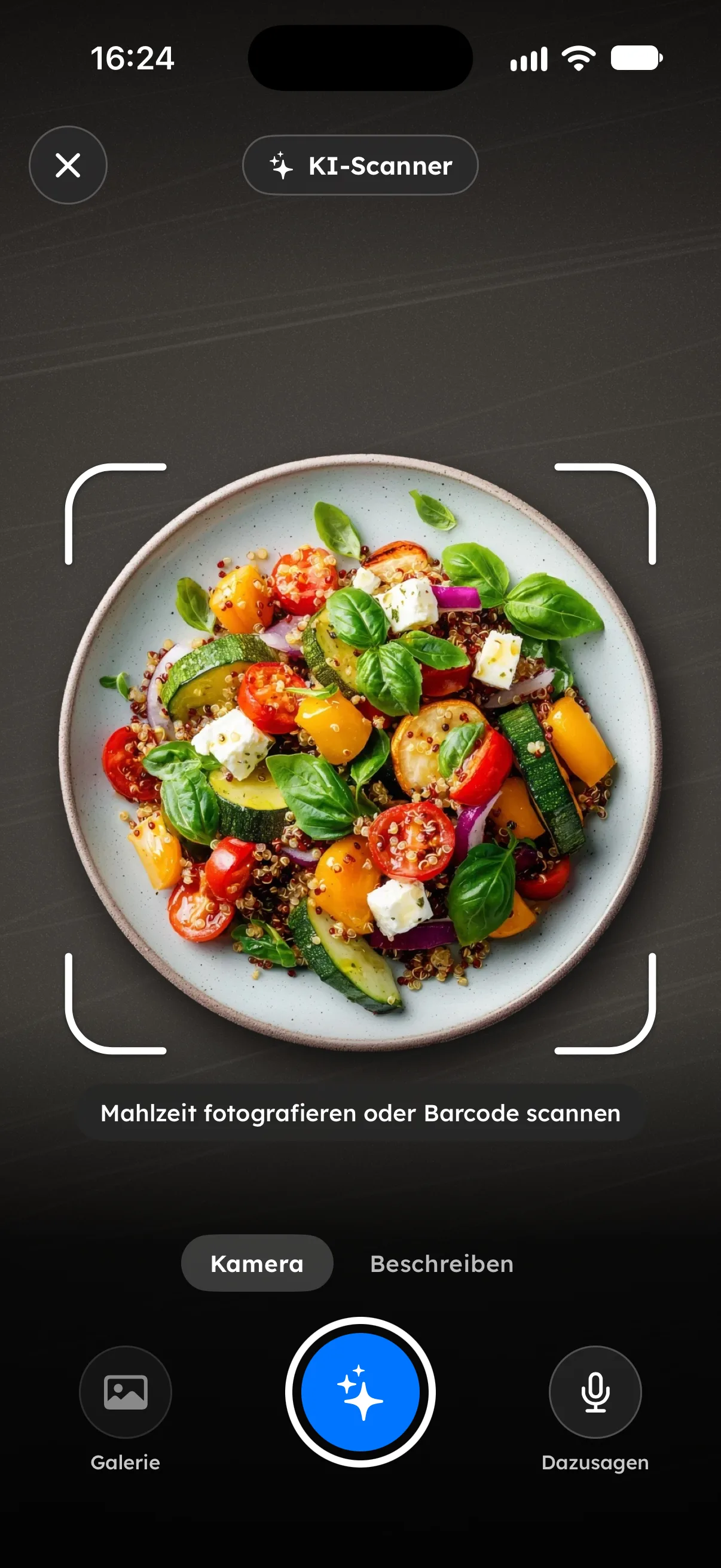Fitaino KI-Scanner mit einer Quinoa-Bowl im Kamerabild