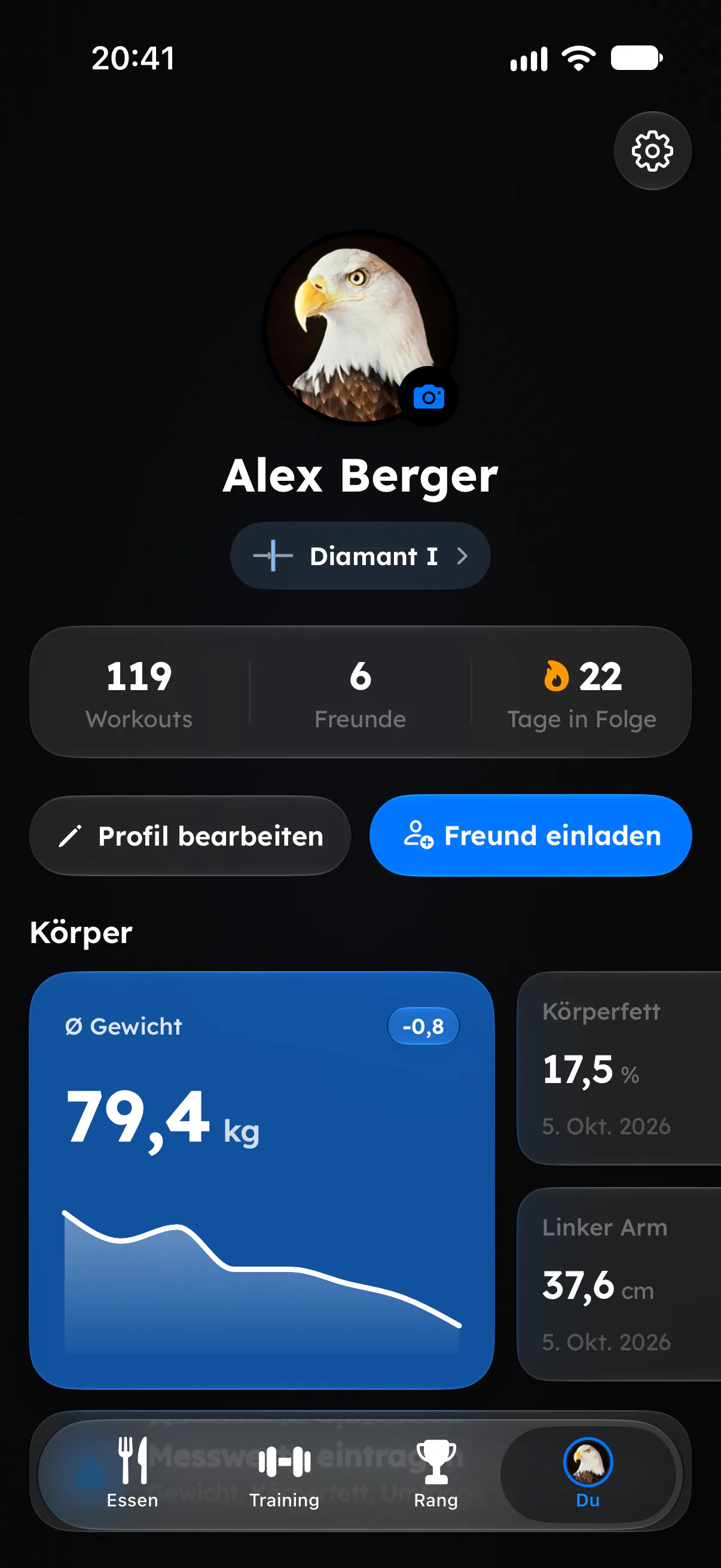 Du-Tab mit Profil, Streak und Körperwerten in Fitaino