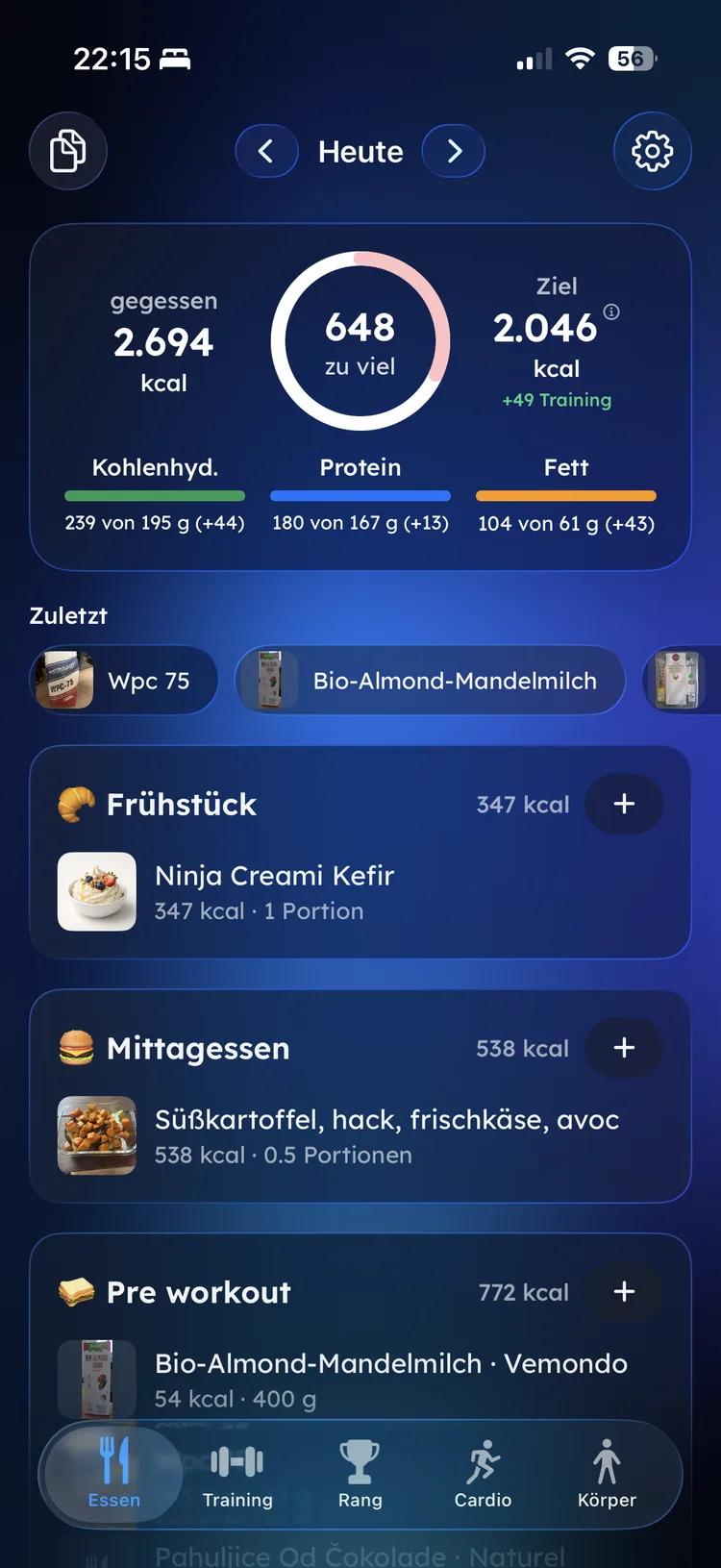Fitaino Ernährungstagebuch mit Kalorienring und Makros
